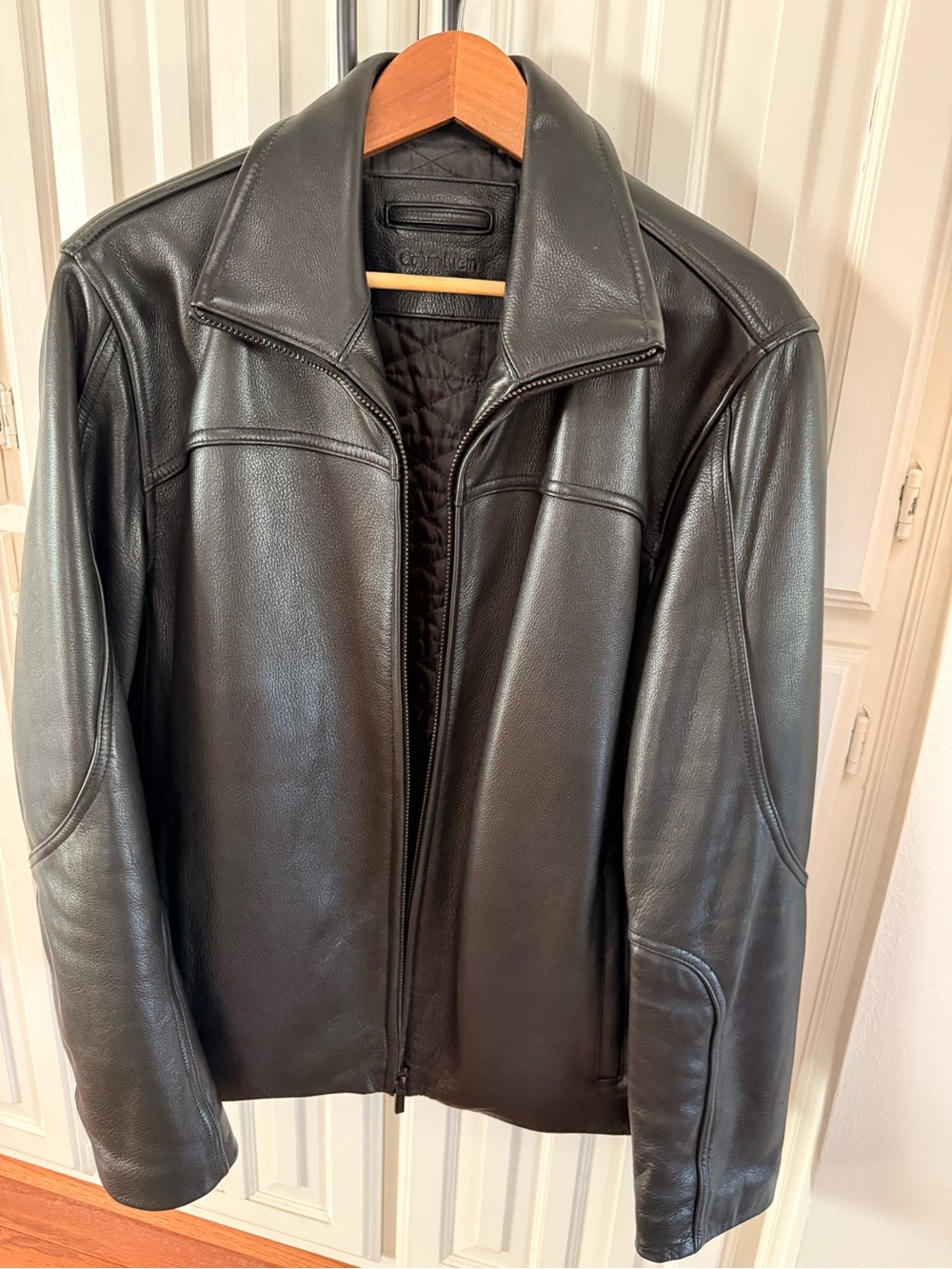 Calvin Klein Black Leather Bomber Jacket with Quilted Interior
